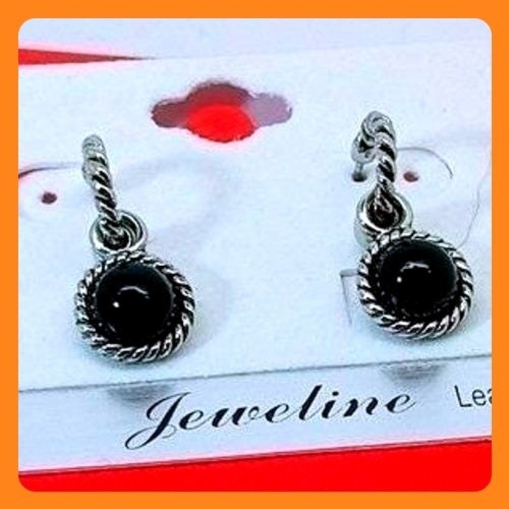 Vintage 90s Silver Tone Black Cabochon J-Hoop Drop Earrings Twisted Rope Detail